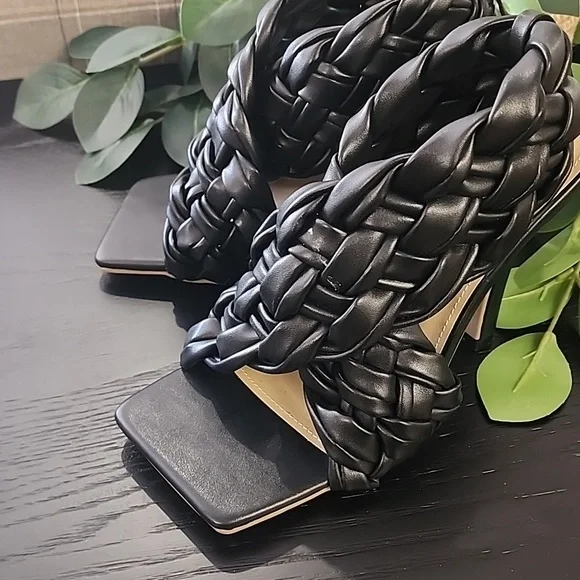 EGO Square Toe Puffy Braided Criss Cross Heels UK 6 US 8 Quilted Vegan Slingback - Picture 14 of 15